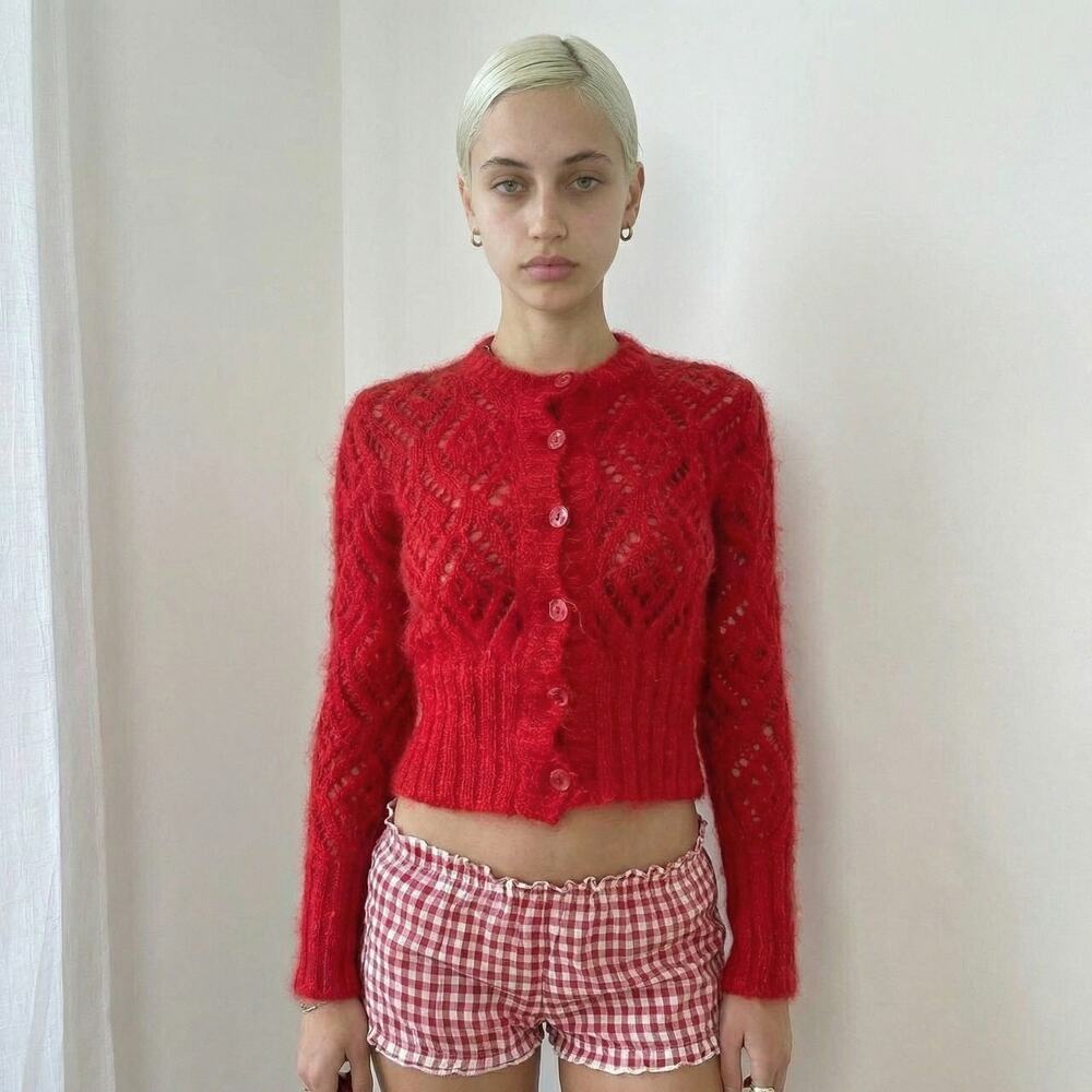 Italian Vintage 90s Red Mohair Wool Cropped Cardigan Open Knit (XS/S)